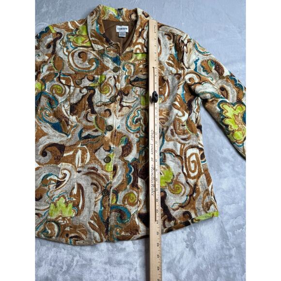 Chicos Blazer Jacket Womens Large Woven Cotton Brown Blue Abstract Print Button - Picture 10 of 11